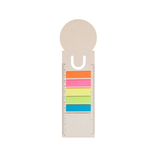 A bookmark designed in the shape of a milk carton, featuring five colorful sticky note tabs and a ruler along one side. A bookmark designed in the shape of a milk carton, featuring five colorful sticky note tabs and a ruler along one side.