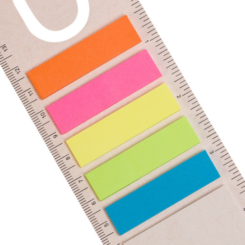 A ruler featuring five colorful sticky note strips: orange, pink, yellow, green, and blue, with a logo on the side. A ruler featuring five colorful sticky note strips: orange, pink, yellow, green, and blue, with a logo on the side.
