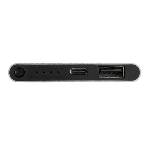 A black and silver power bank featuring a USB port, a USB-C port, and battery level indicators.