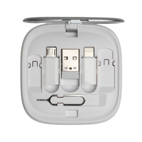 A compact white storage case containing three retractable charging cables and a SIM card ejector tool.