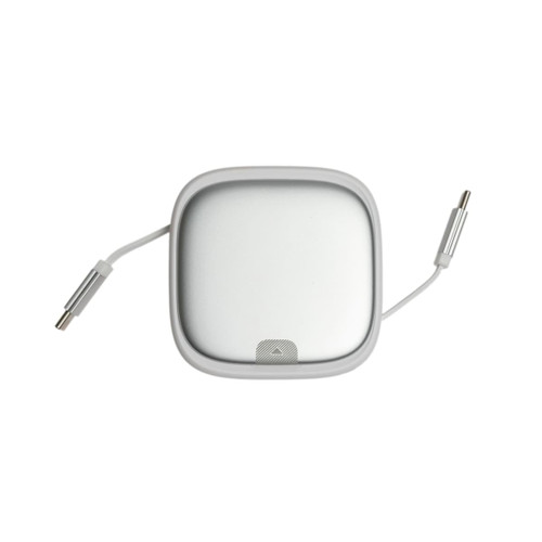 A retractable cable set in silver with two connectors, housed in a compact, square case. The product features a logo.