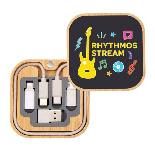 A square bamboo charger set with multiple cables, featuring a colourful design and musical motifs on the lid.
