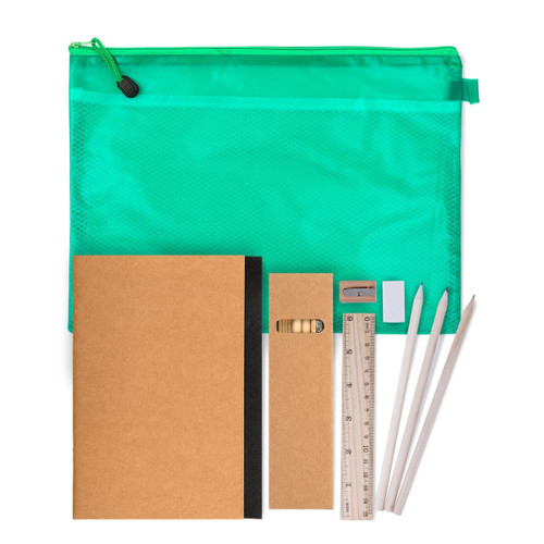 A teal mesh pouch contains a notebook, ruler, sharpener, eraser, and white pencils. A teal mesh pouch contains a notebook, ruler, sharpener, eraser, and white pencils.