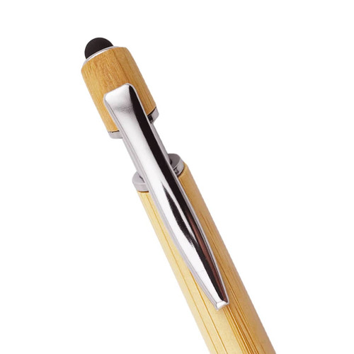 A bamboo pen with a chrome clip and tip, showcasing a natural wood finish. It has a sleek design and a logo. A bamboo pen with a chrome clip and tip, showcasing a natural wood finish. It has a sleek design and a logo.