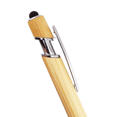 A bamboo pen with a chrome clip and a black tip, showcasing a natural wood finish. It features a logo. A bamboo pen with a chrome clip and a black tip, showcasing a natural wood finish. It features a logo.