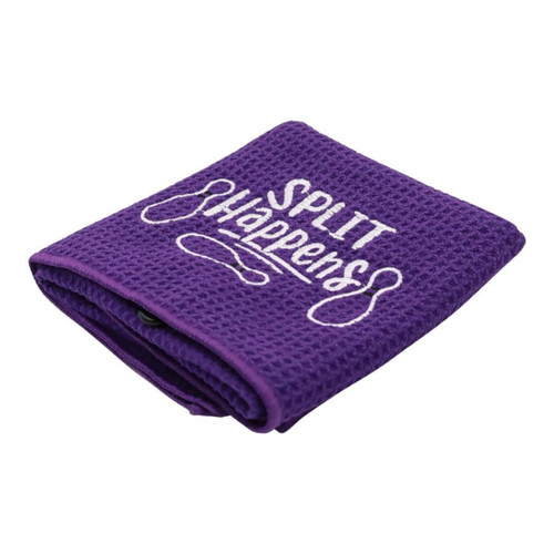 A purple golf towel with a textured surface and a logo. It features the phrase "Split Happens." A purple golf towel with a textured surface and a logo. It features the phrase "Split Happens."