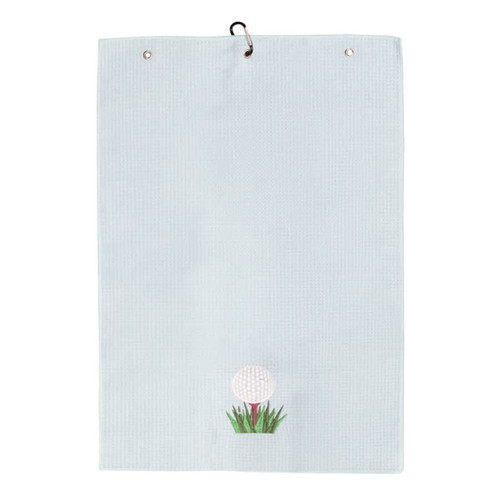 A light blue golf towel featuring a golf ball and grass design at the bottom, with a clip at the top. A light blue golf towel featuring a golf ball and grass design at the bottom, with a clip at the top.