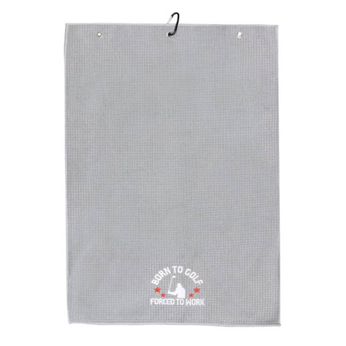A grey golf towel with a loop for hanging and a logo printed at the bottom. A grey golf towel with a loop for hanging and a logo printed at the bottom.