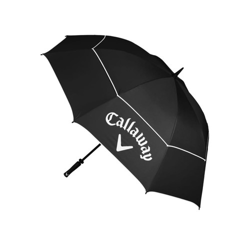 A large black golf umbrella featuring a white logo and accent details. A large black golf umbrella featuring a white logo and accent details.