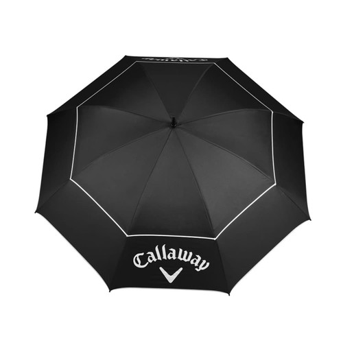 A black Callaway umbrella with a large canopy featuring white accents and branding. A black Callaway umbrella with a large canopy featuring white accents and branding.