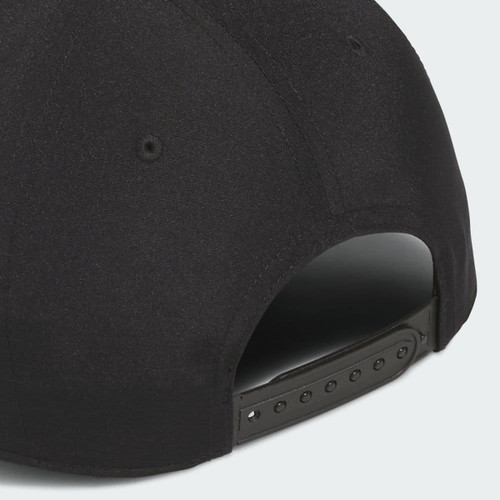 A black six-panel cap featuring a curved visor and an adjustable back strap. It has a logo on the side. A black six-panel cap featuring a curved visor and an adjustable back strap. It has a logo on the side.