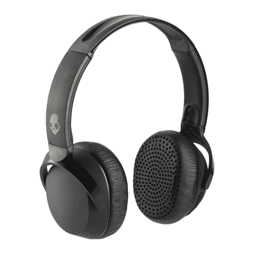 A pair of black Skullcandy Riff Wireless headphones with a sleek design and a branding logo visible. A pair of black Skullcandy Riff Wireless headphones with a sleek design and a branding logo visible.