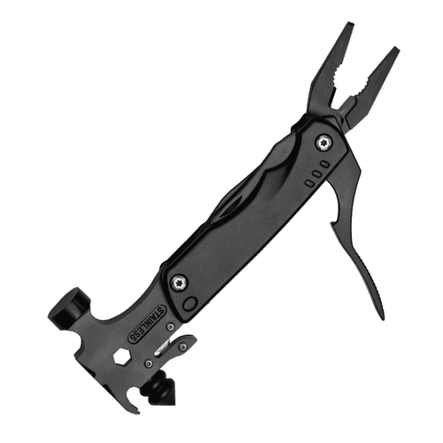 A black multi-tool with pliers and various functions, featuring a sleek design and a branding logo. A black multi-tool with pliers and various functions, featuring a sleek design and a branding logo.
