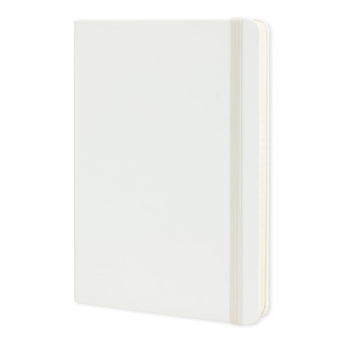 A large, white Moleskine classic hard cover notebook with an elastic band and rounded corners.