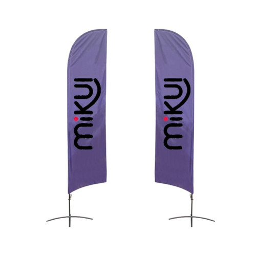 Two large angled feather banners in purple with a logo design. Each banner measures 80.5 x 400 cm.