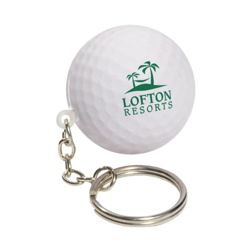 A white golf ball stress reliever attached to a silver keyring, featuring a logo. A white golf ball stress reliever attached to a silver keyring, featuring a logo.