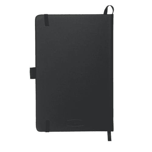 A black leather-bound journal with a textured finish and an elastic closure. Features a branding logo.