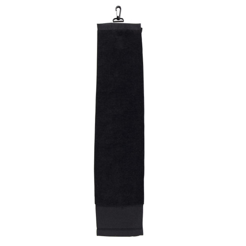A black golf towel with a hanging clip, featuring a soft texture and a sleek design. A black golf towel with a hanging clip, featuring a soft texture and a sleek design.