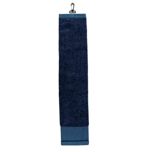 A dark navy golf towel with a hanging clip and a lighter blue trim at the bottom. It features a logo. A dark navy golf towel with a hanging clip and a lighter blue trim at the bottom. It features a logo.
