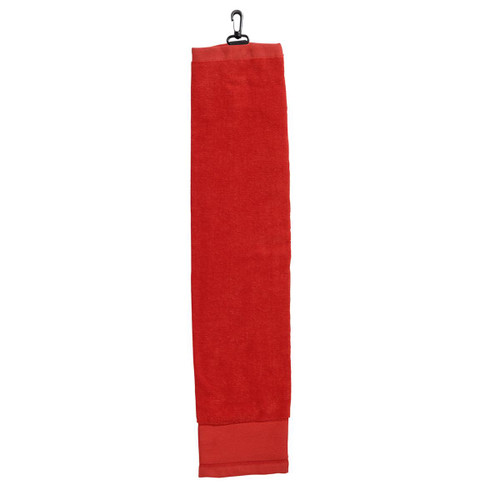 A red golf towel with a clip attachment, featuring a soft texture and a rectangular shape. A red golf towel with a clip attachment, featuring a soft texture and a rectangular shape.