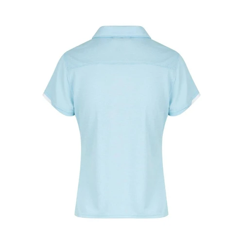 A navy blue polo shirt with short sleeves and a collar, featuring contrasting accents and a branding logo.