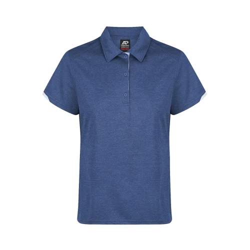 A navy blue polo shirt with short sleeves and a collar, featuring contrasting accents and a branding logo.
