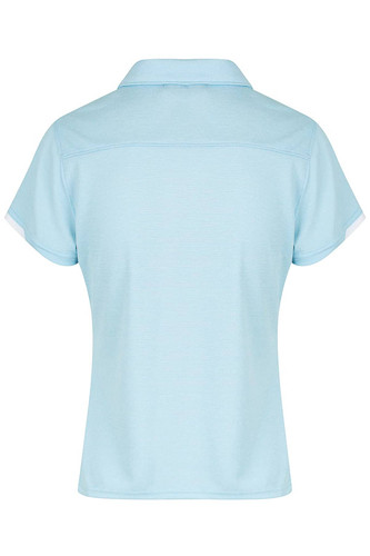 Light blue polo shirt with short sleeves and a collar, featuring a logo on the back.