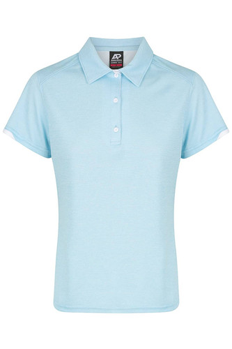 A light blue women's polo shirt with a collar and short sleeves, featuring a branded label.