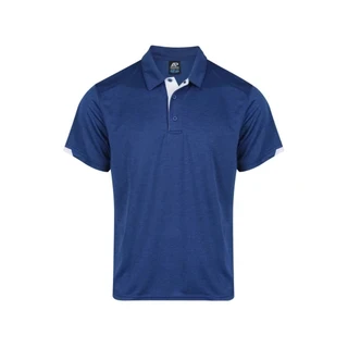 A white polo shirt with a collar and short sleeves, featuring a logo.