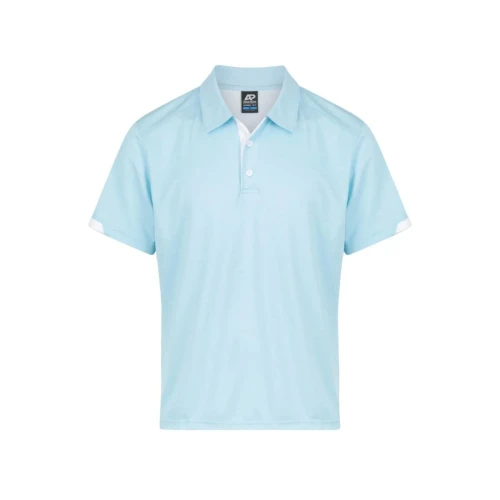 A light blue polo shirt with a collar and short sleeves, featuring white accents and a logo.