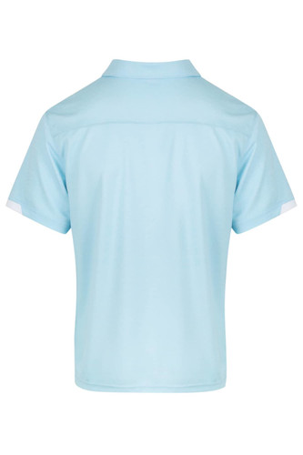 A light blue polo shirt with a collar and short sleeves, featuring a logo on the back. A light blue polo shirt with a collar and short sleeves, featuring a logo on the back.