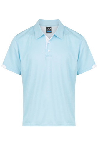 A light blue polo shirt with a collar and short sleeves, featuring white accents and a logo. A light blue polo shirt with a collar and short sleeves, featuring white accents and a logo.