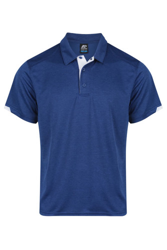 A blue polo shirt with contrasting white details on the sleeves and a logo on the collar. A blue polo shirt with contrasting white details on the sleeves and a logo on the collar.