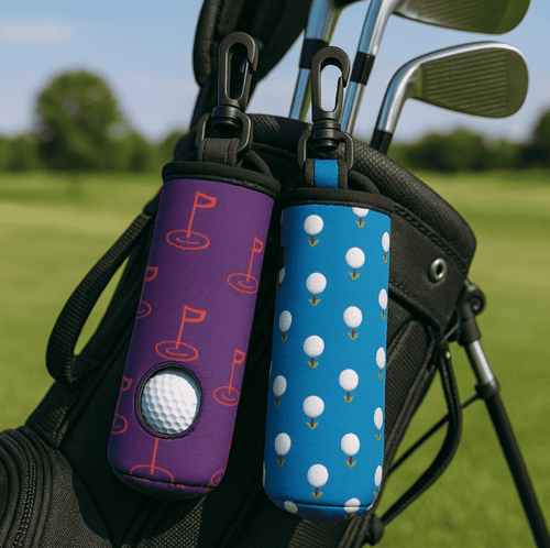 Neoprene golf ball sleeves in purple with flags and blue with golf balls, attached to a golf bag on a green field. Neoprene golf ball sleeves in purple with flags and blue with golf balls, attached to a golf bag on a green field.