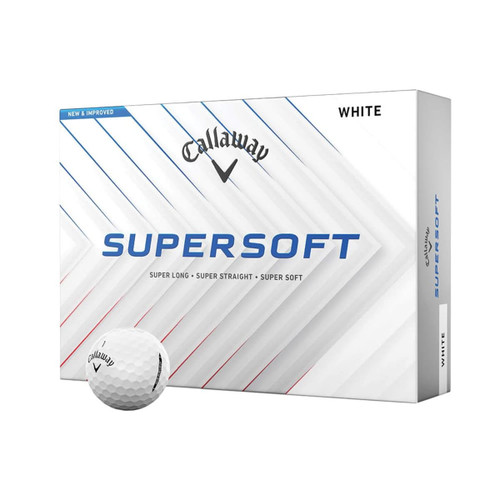 A box containing three white Callaway Supersoft golf balls, featuring a branding logo on the packaging. A box containing three white Callaway Supersoft golf balls, featuring a branding logo on the packaging.