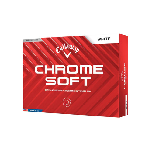 A box of Callaway Chrome Soft golf balls in white, featuring a logo and bold red and white packaging design. A box of Callaway Chrome Soft golf balls in white, featuring a logo and bold red and white packaging design.