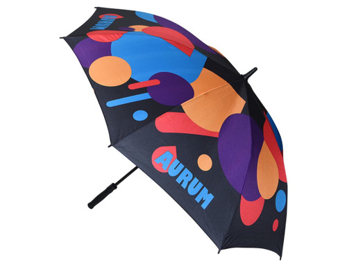 A full-colour golf umbrella featuring a black canopy with multicoloured abstract shapes and a logo.