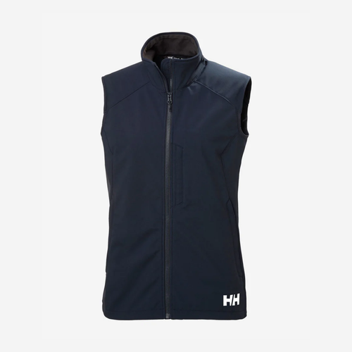 Navy blue sleeveless softshell vest with front zipper and collar.