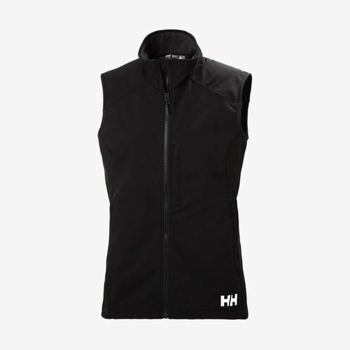 Black sleeveless vest with zipper and HH logo, ideal for outdoor wear.