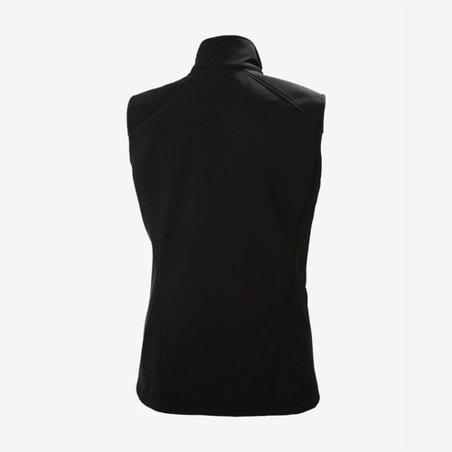 Back view of a black sleeveless vest with high collar.