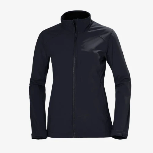 Isolated product image of a navy women's softshell jacket showcasing a full-zip front, high collar, adjustable cuffs, and a sleek outdoor-ready silhouette.