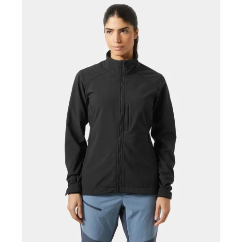 Front view of a black women's softshell jacket featuring a full-length zipper, stand collar, zippered chest pocket, and a streamlined outdoor performance design.