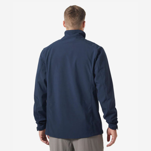 Rear view of man wearing navy blue jacket and gray pants.