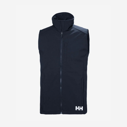 Black sleeveless vest with front zipper and high collar, featuring white logo at the bottom.