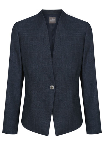 A dark navy jacket with a single button closure and a minimalist design, featuring long sleeves and no collar. A dark navy jacket with a single button closure and a minimalist design, featuring long sleeves and no collar.