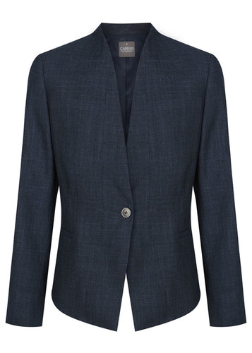 A dark navy blazer with a tailored fit, featuring a single button closure and an open collar. A dark navy blazer with a tailored fit, featuring a single button closure and an open collar.