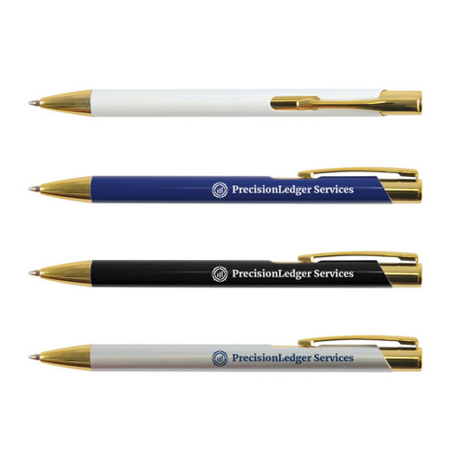 A collection of metal pens in white, blue, black, and silver, each featuring gold trim and a logo. A collection of metal pens in white, blue, black, and silver, each featuring gold trim and a logo.