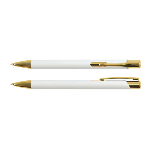A gold edition metal pen with a sleek white body and gold accents, positioned above another identical pen. A gold edition metal pen with a sleek white body and gold accents, positioned above another identical pen.