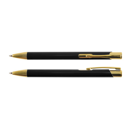 A black metal pen with gold accents, featuring a clip and a sleek design. Includes a logo. A black metal pen with gold accents, featuring a clip and a sleek design. Includes a logo.