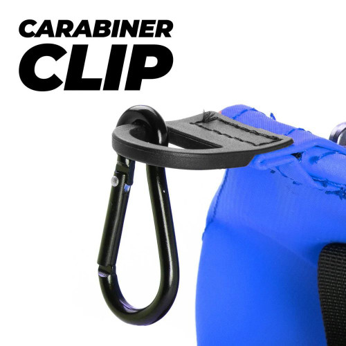 Rugged Xtremes blue and black crib bag with side pockets and striped panel, carabiner clip detail